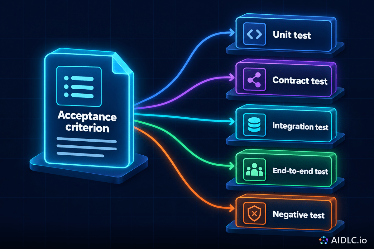 One Acceptance criterion fanning out to Unit test, Contract test, Integration test, End-to-end test and Negative test.