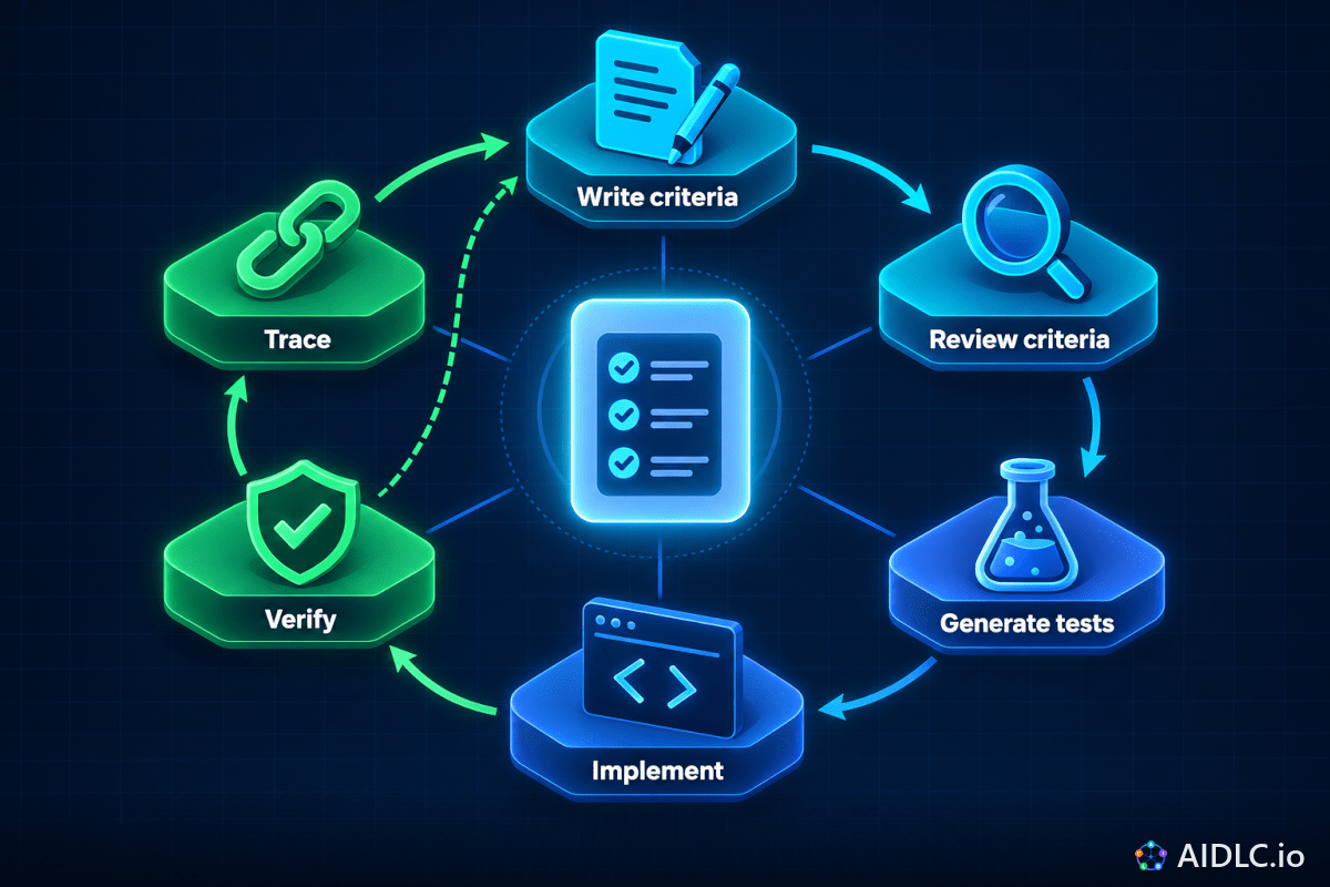 ACDD loop: Write criteria, Review criteria, Generate tests, Implement, Verify, Trace, with a dashed return from Verify to Write criteria.