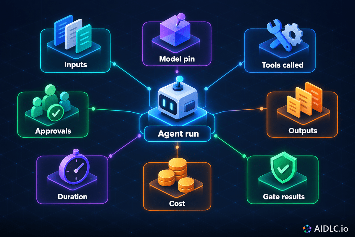 One Agent run linked to eight callouts: Inputs, Model pin, Tools called, Outputs, Gate results, Cost, Duration and Approvals.