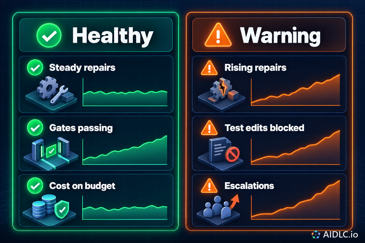 Healthy dashboard (steady repairs, gates passing, cost on budget) beside Warning (rising repairs, test edits blocked, escalations).
