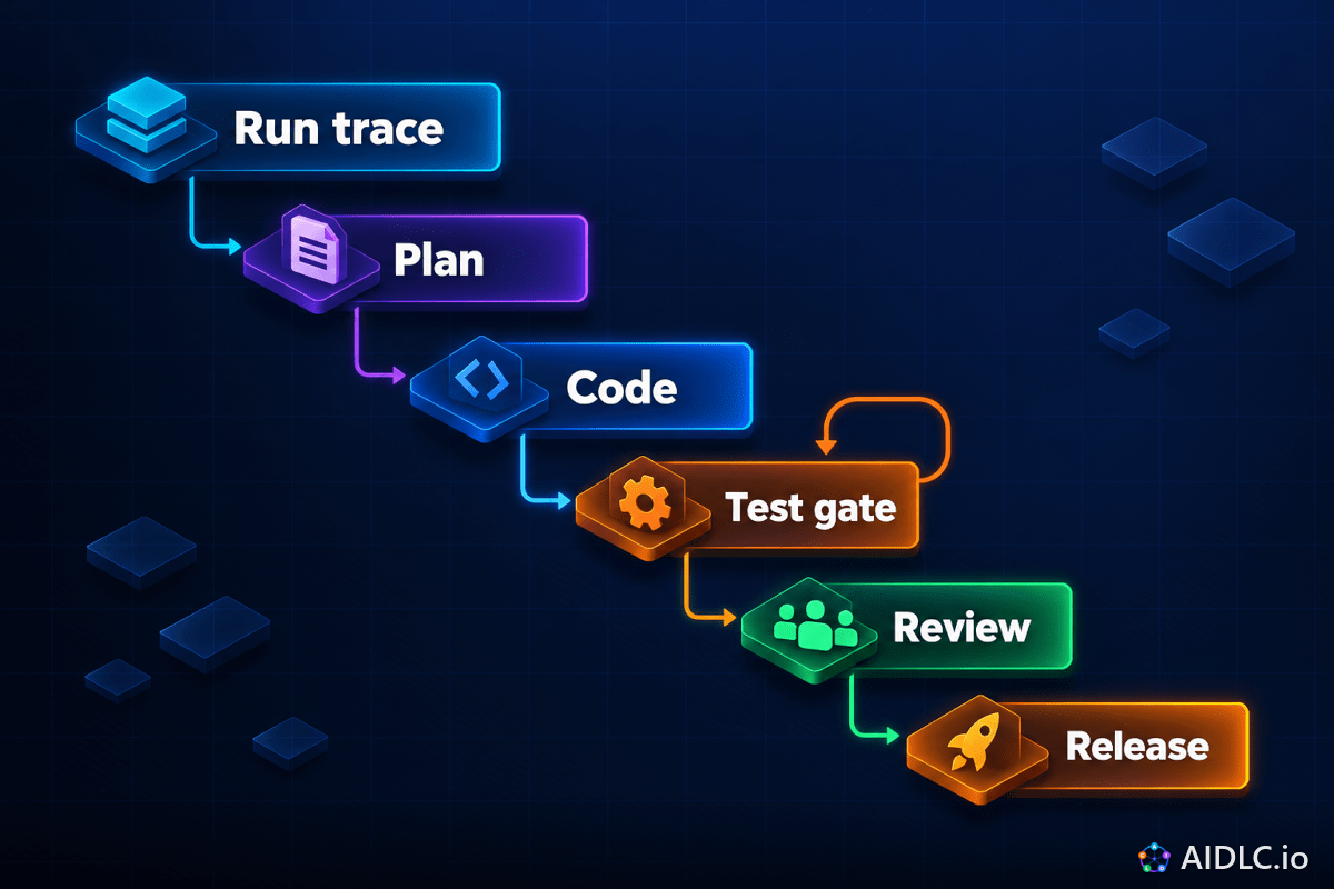 A Run trace waterfall of Plan, Code, Test gate with a retry loop, Review and Release steps.
