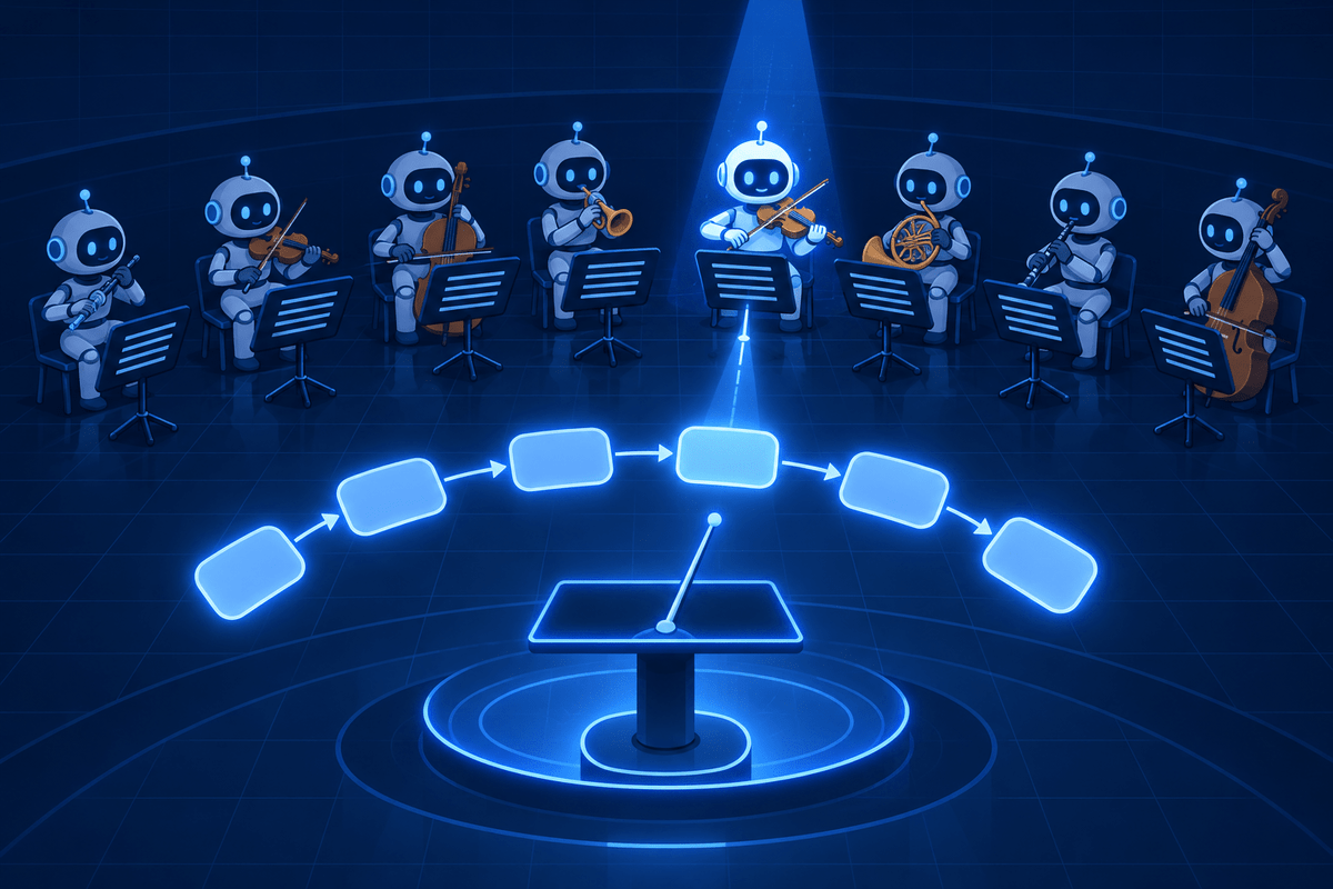 A conductor's podium facing a glowing arc of state-machine nodes and eight robot musicians, one spotlit for its turn