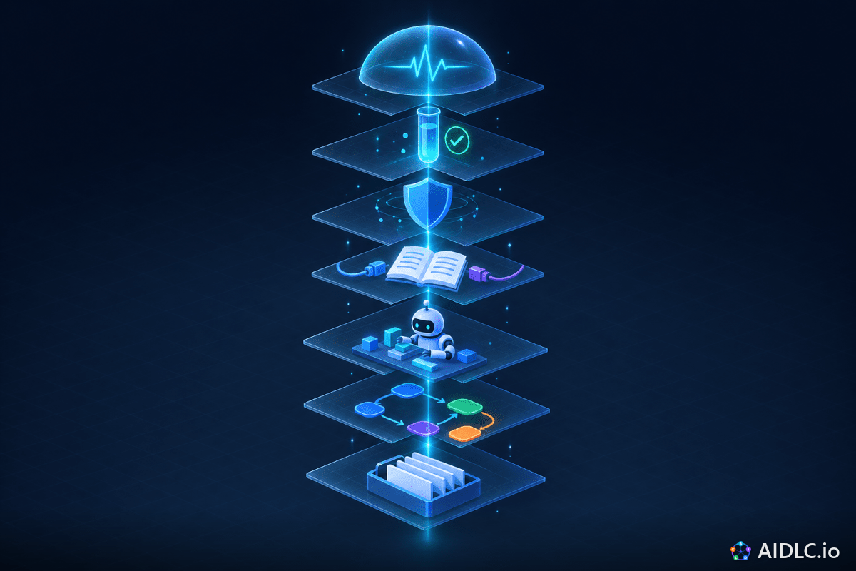 Seven stacked translucent layers, from a tray of ticket cards at the base to a telemetry dome at the top, joined by one beam of light
