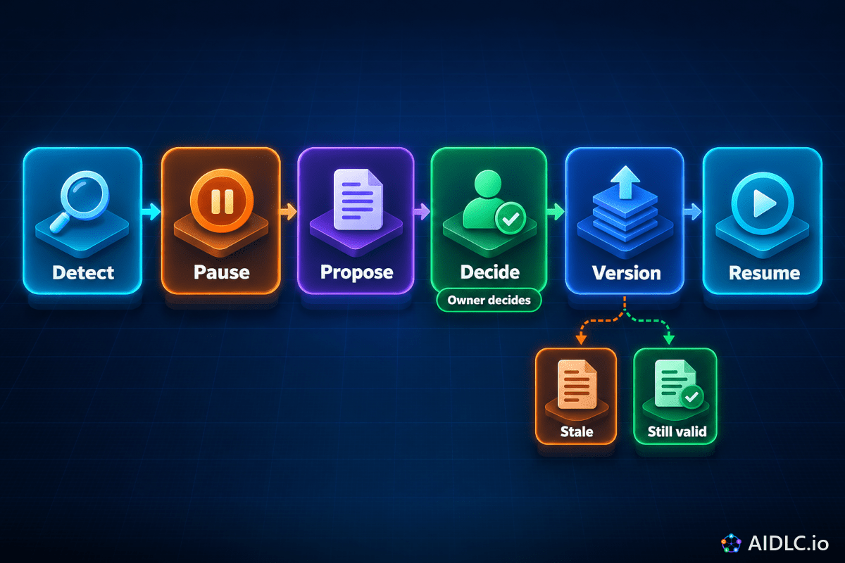 Six steps: Detect, Pause, Propose, Decide (Owner decides), Version, Resume, with Version splitting artifacts into Stale and Still valid.
