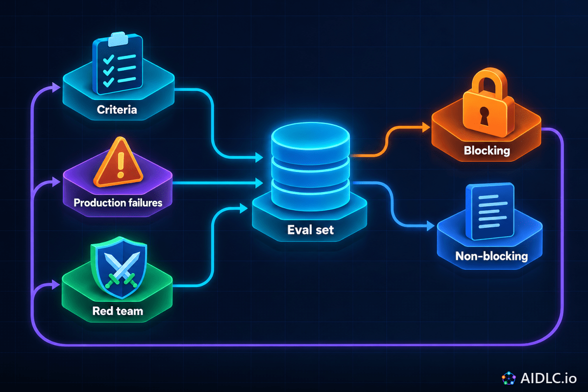 Criteria, Production failures and Red team feed the Eval set, which splits into Blocking and Non-blocking cases and loops back.