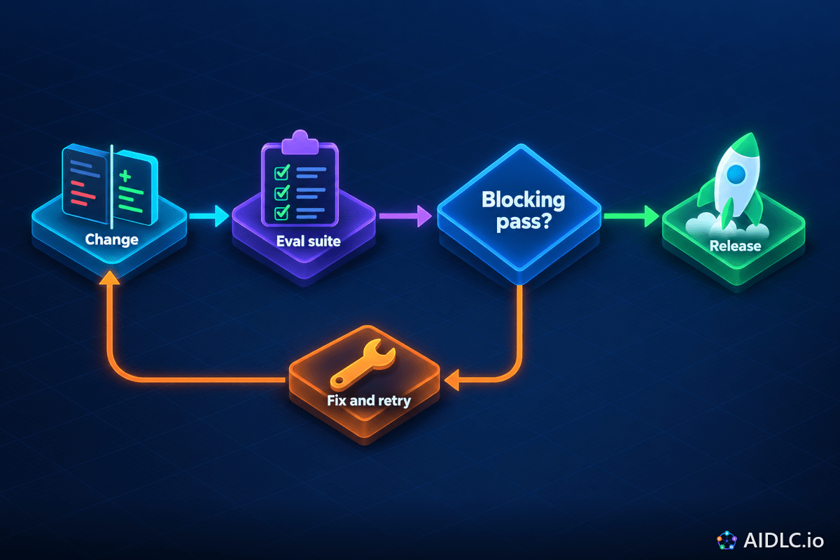 A Change runs the Eval suite; a Blocking pass? decision leads to Release, or to Fix and retry back to the change.