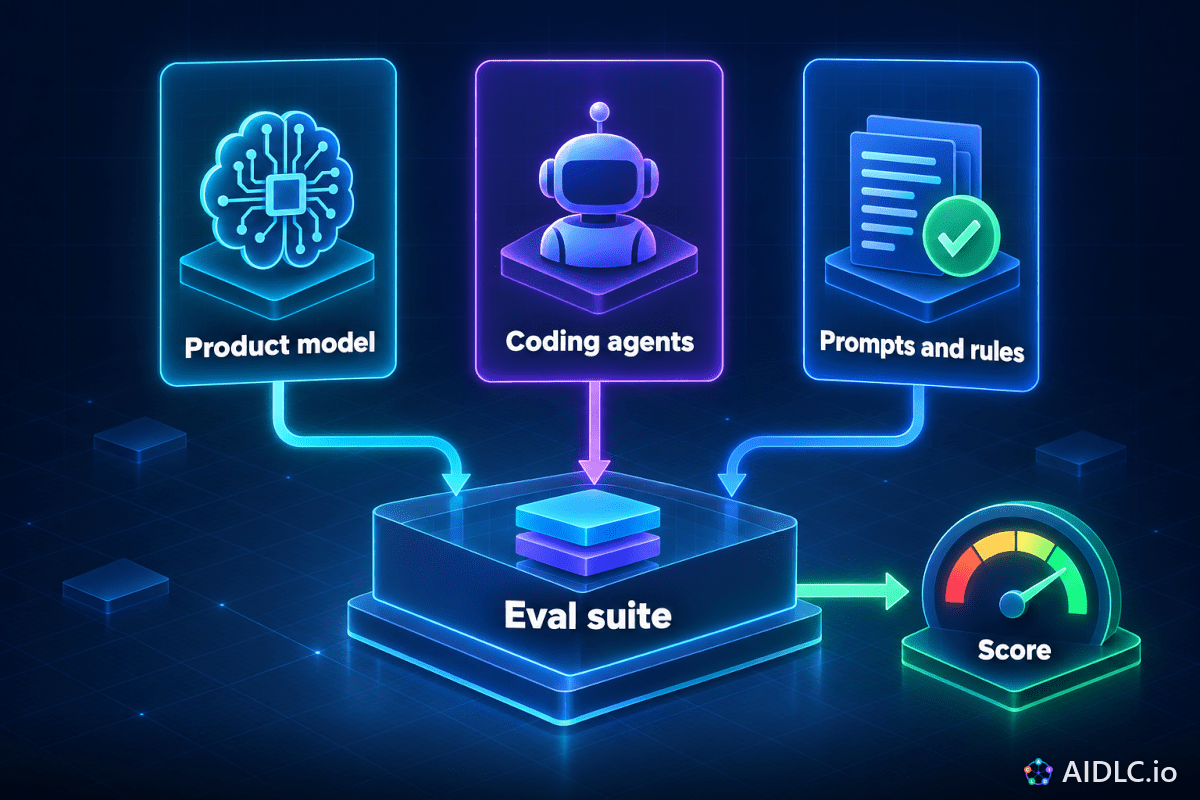 Product model, Coding agents and Prompts and rules each feed one Eval suite that produces a Score.