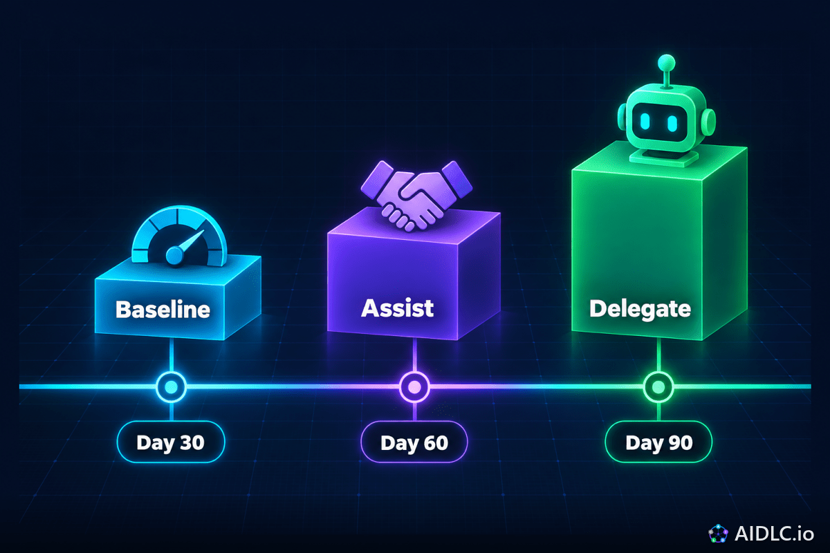 Timeline with Baseline at Day 30, Assist at Day 60 and Delegate at Day 90, shown as three growing steps.