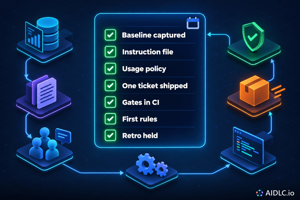 Seven day-30 outcomes: Baseline captured, Instruction file, Usage policy, One ticket shipped, Gates in CI, First rules, Retro held.