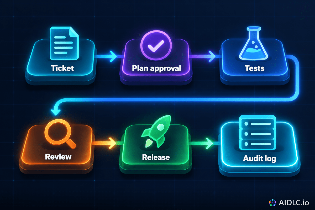 An evidence chain: Ticket, Plan approval, Tests, Review, Release and Audit log, linked in order.