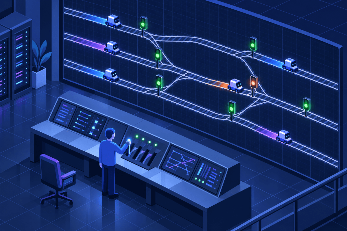 A control desk switching AI agents along a track diagram of signal-gated lines