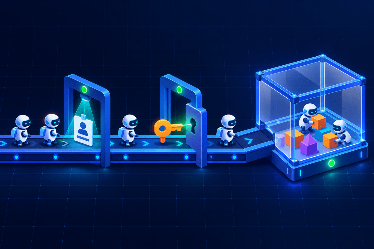 AI agents riding a pipeline through ID-badge and key gates into a sealed sandbox
