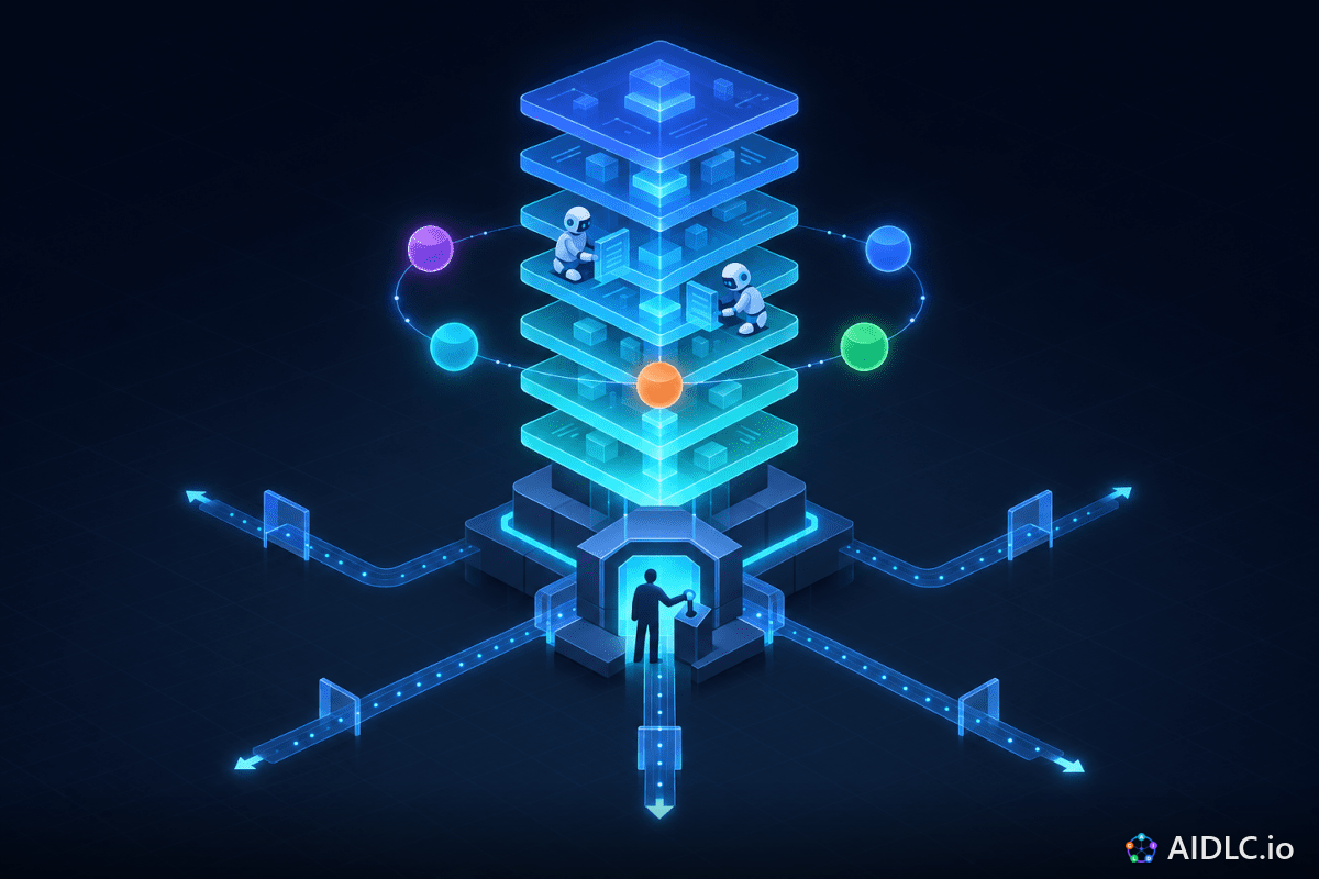 A layered engine core of stacked glowing platforms, orbited by a ring of five phase nodes and tended by small agents