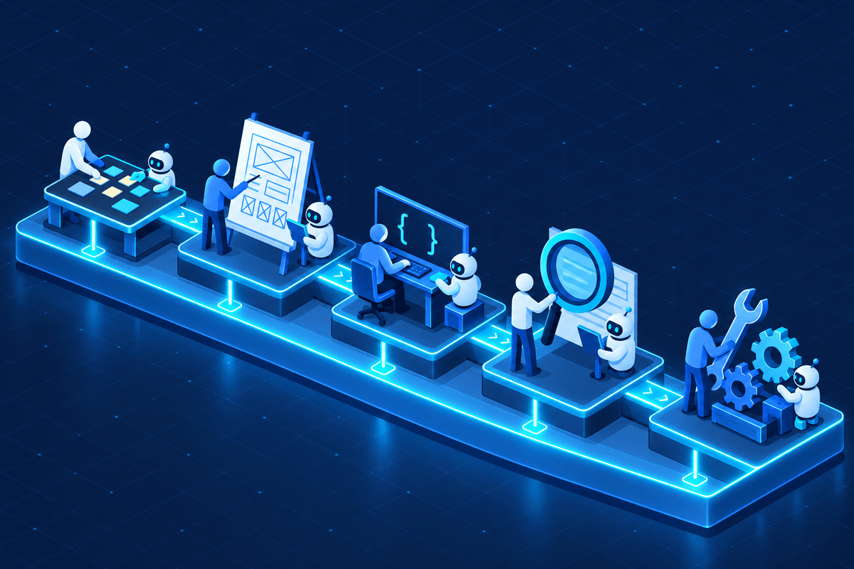 A software factory floor where people and AI agents work across connected planning, design, code, review and maintenance stations