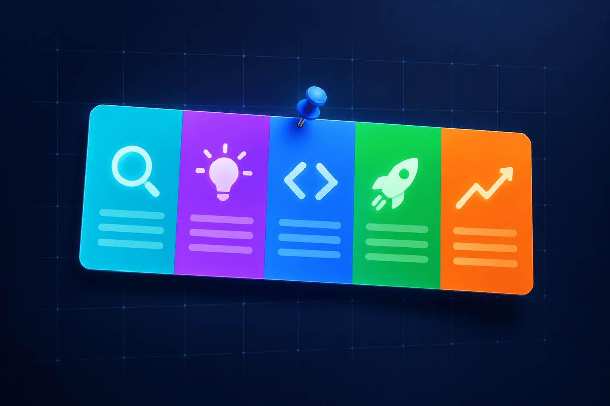 A single glowing reference card divided into five colored tiles, one per AIDLC phase