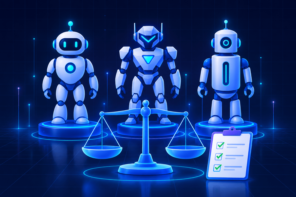 Three different AI agent robots on platforms above a balance scale and a checklist