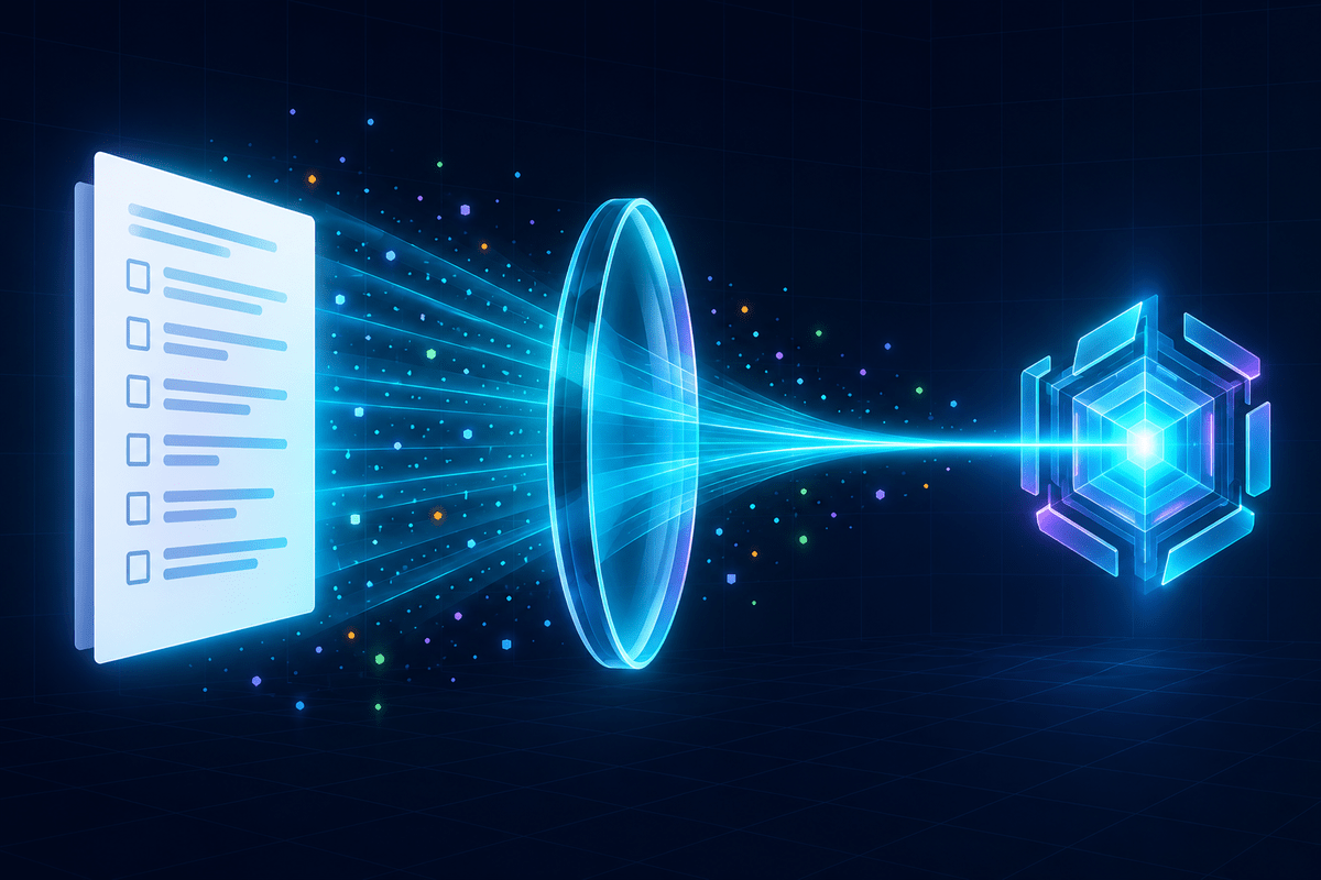 A specification document focused through a lens into a glowing AI core