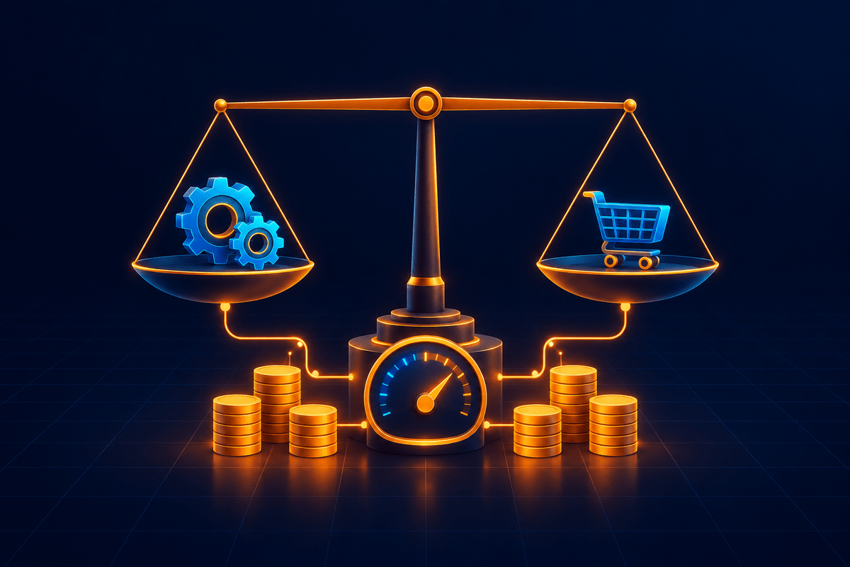 Coin stacks and a token meter, with gears for build balanced against a cart for buy