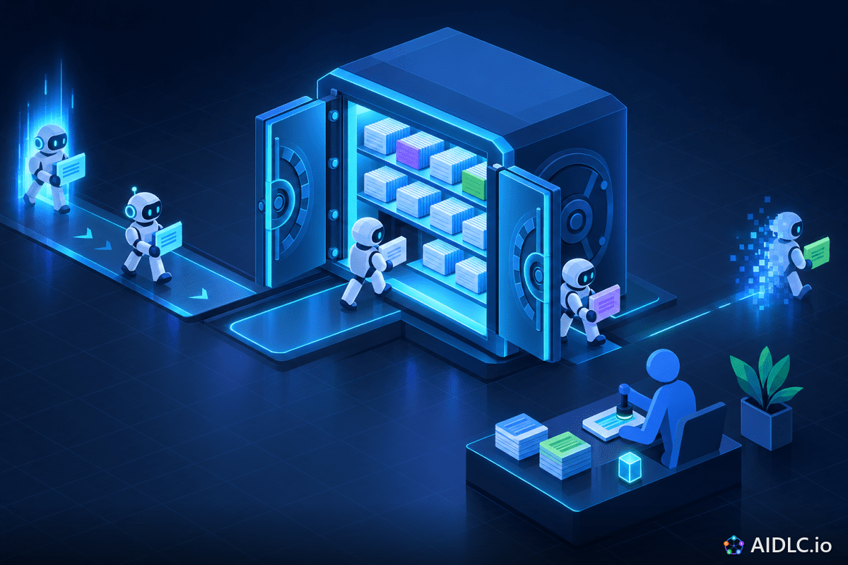 A steady glowing archive vault holding record cards while small robot agents come and go through its doors