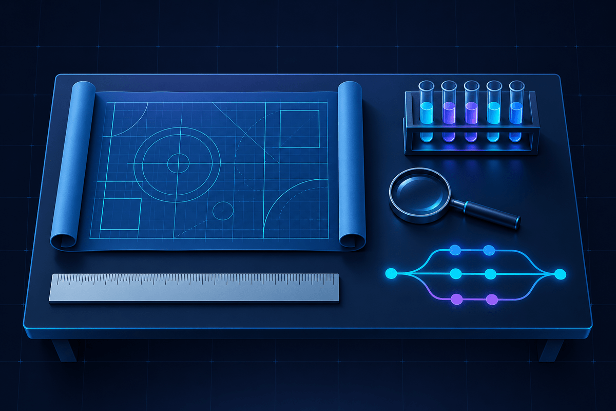 A precision workbench with a blueprint, a ruler, test tubes and a branching diagram