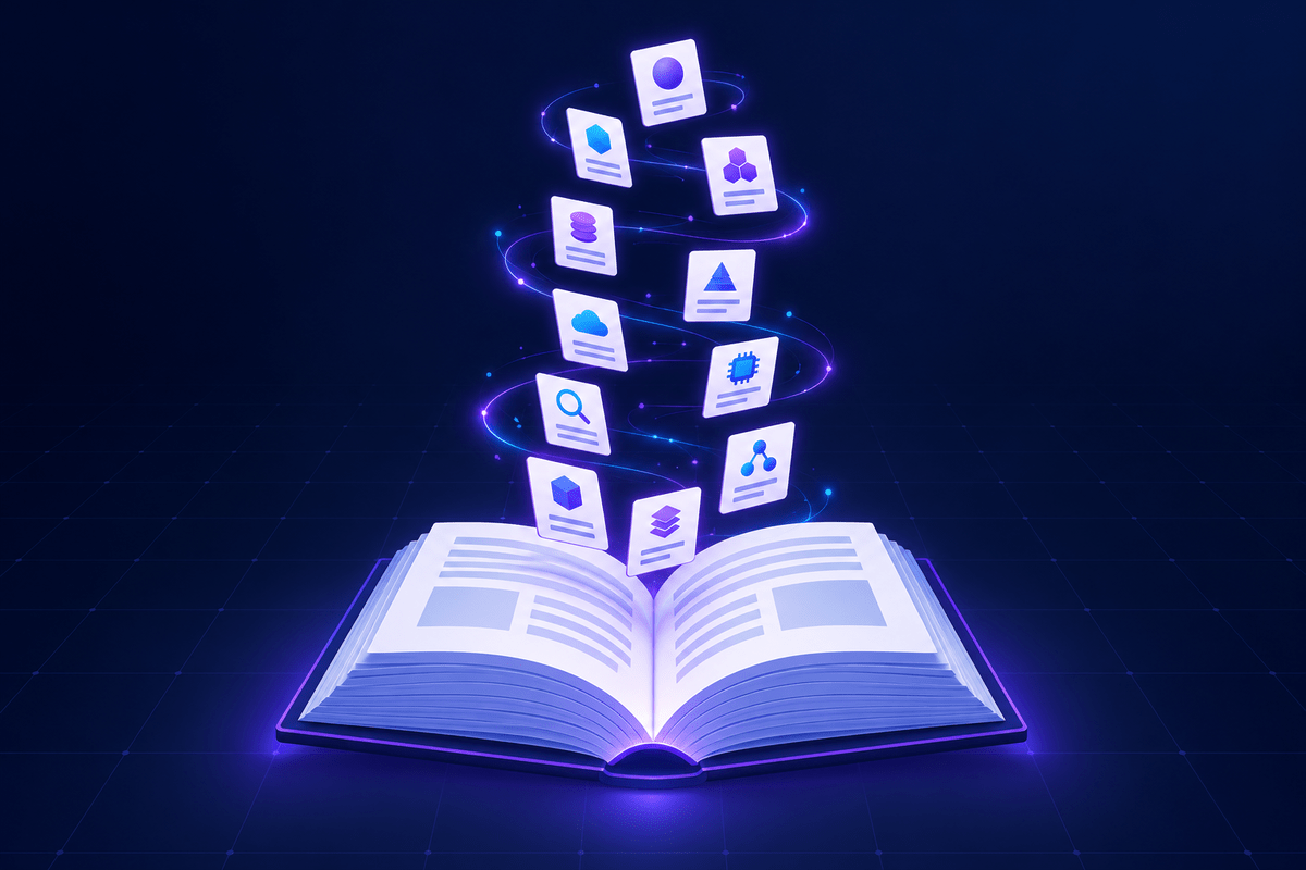 A dictionary with floating definition cards rising from its pages