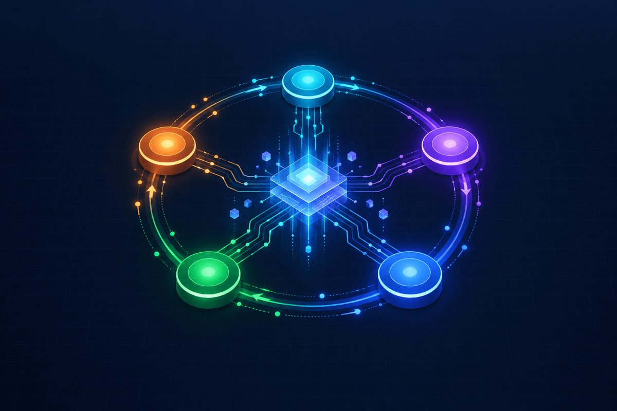 The AIDLC life cycle: five glowing phase nodes for Analyze, Ideate, Develop, Launch and Curate in a ring around an AI core