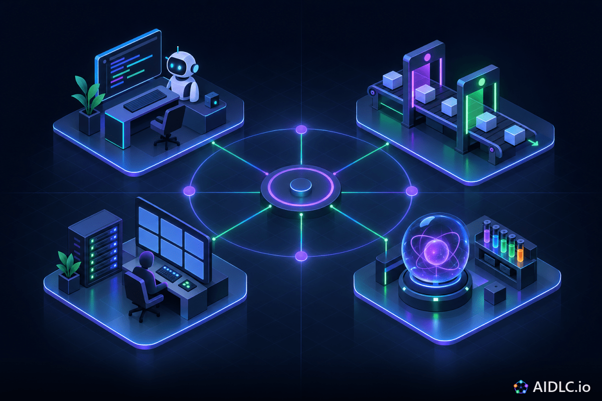 Four workbenches linked to one glowing hub: a terminal desk with a robot, a gated pipeline, a control room and a glowing model core