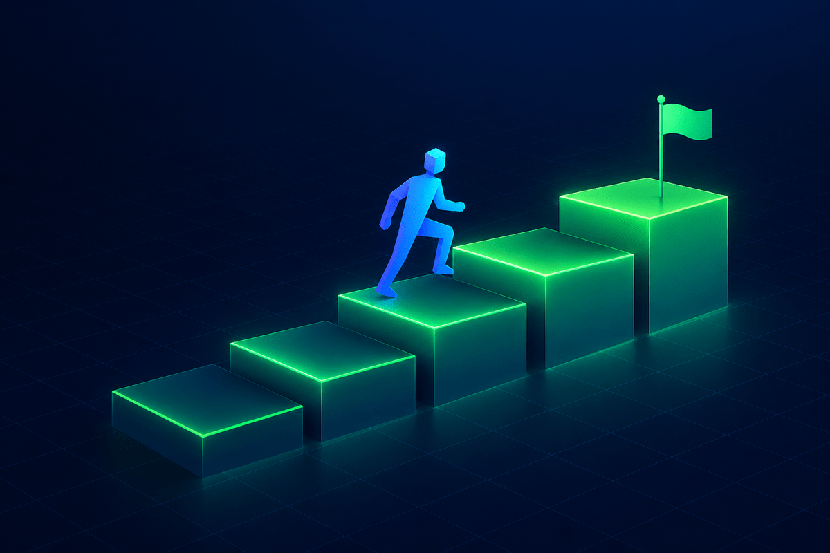 A figure climbing five ascending glowing steps toward a flag at the top