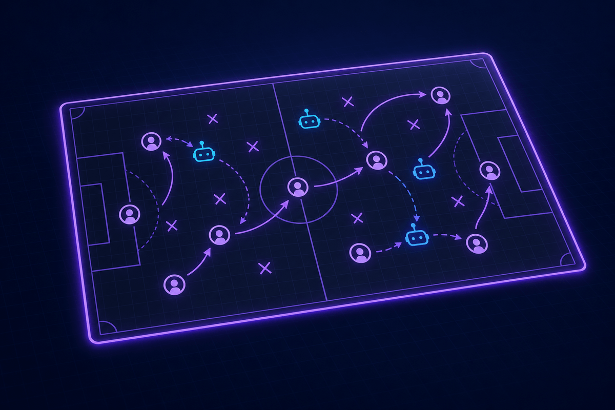 A glowing strategy board with play diagrams moving people and AI agents across the field