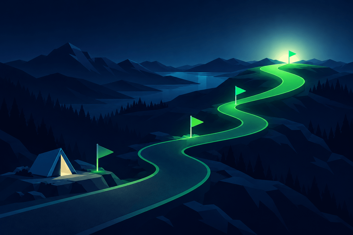 A winding road from a base camp past four milestone flags to a glowing summit