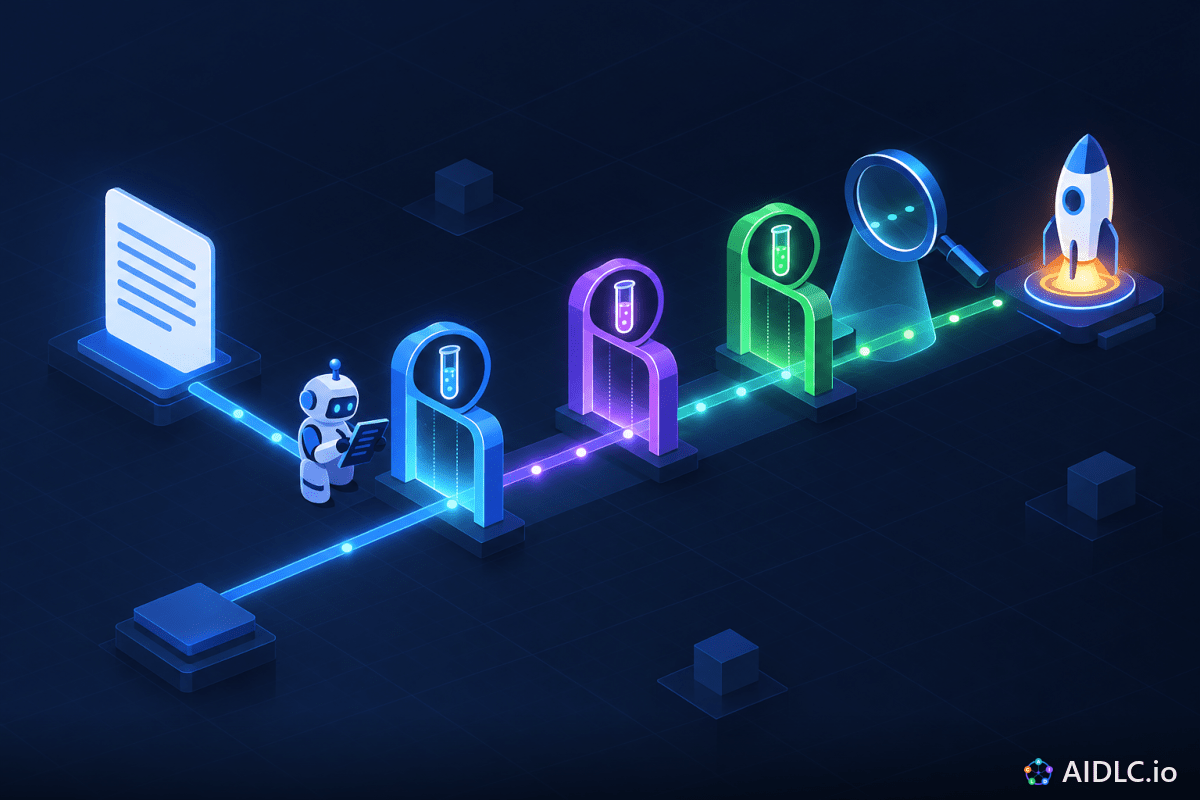A chain of glowing checkpoints running from a written criteria card to a launch pad, with test tubes at each checkpoint