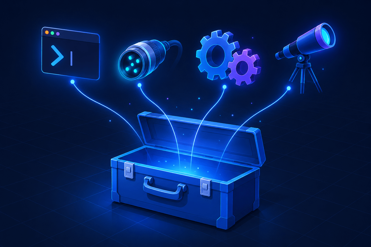 An open toolbox with a terminal, a connector plug, gears and a telescope floating above it