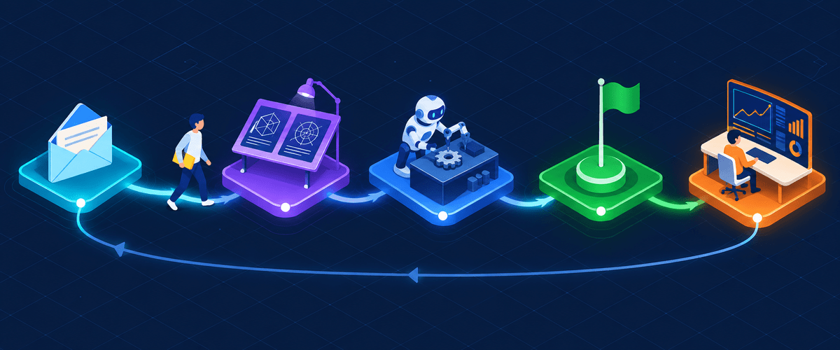A single glowing path winding through five stations, from a customer letter to a monitoring dashboard